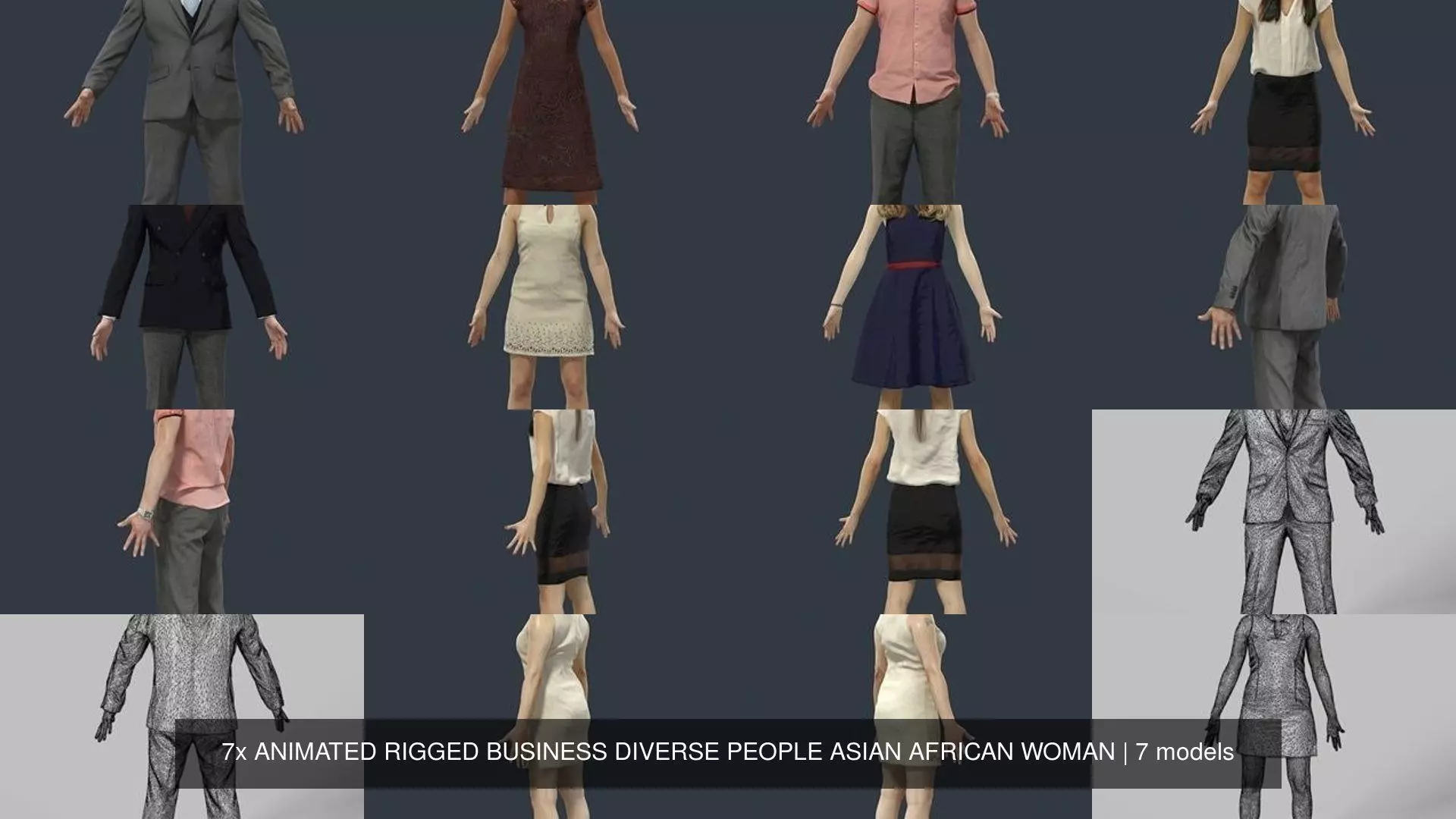 7x ANIMATED RIGGED BUSINESS DIVERSE PEOPLE ASIAN AFRICAN WOMAN 3D Model Collection_0