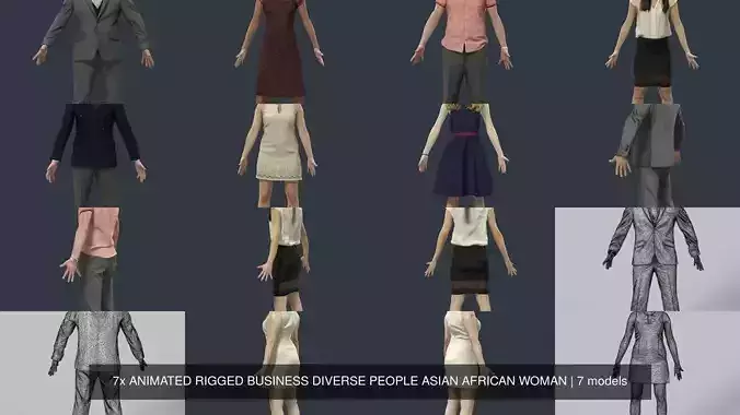 7x ANIMATED RIGGED BUSINESS DIVERSE PEOPLE ASIAN AFRICAN WOMAN 3D Model Collection