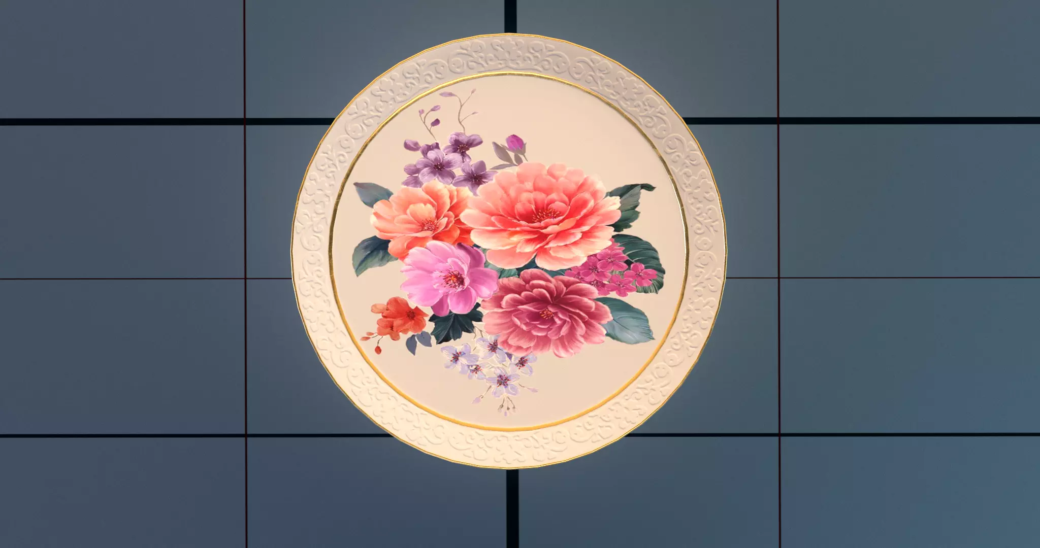 Dishes set PBR plate with flowers Low-poly 3D model
