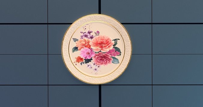 Dishes set PBR plate with flowers Low-poly 3D model 3