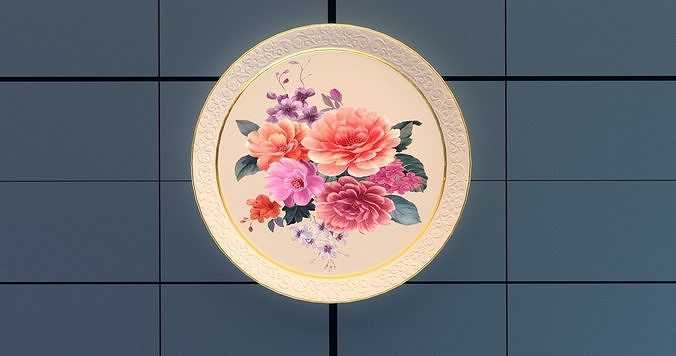 Dishes set PBR plate with flowers Low-poly 3D model 2