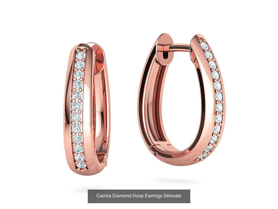 Camila Diamond Hoop Earrings 1row and 3row Diamonds  3D Model Collection_4