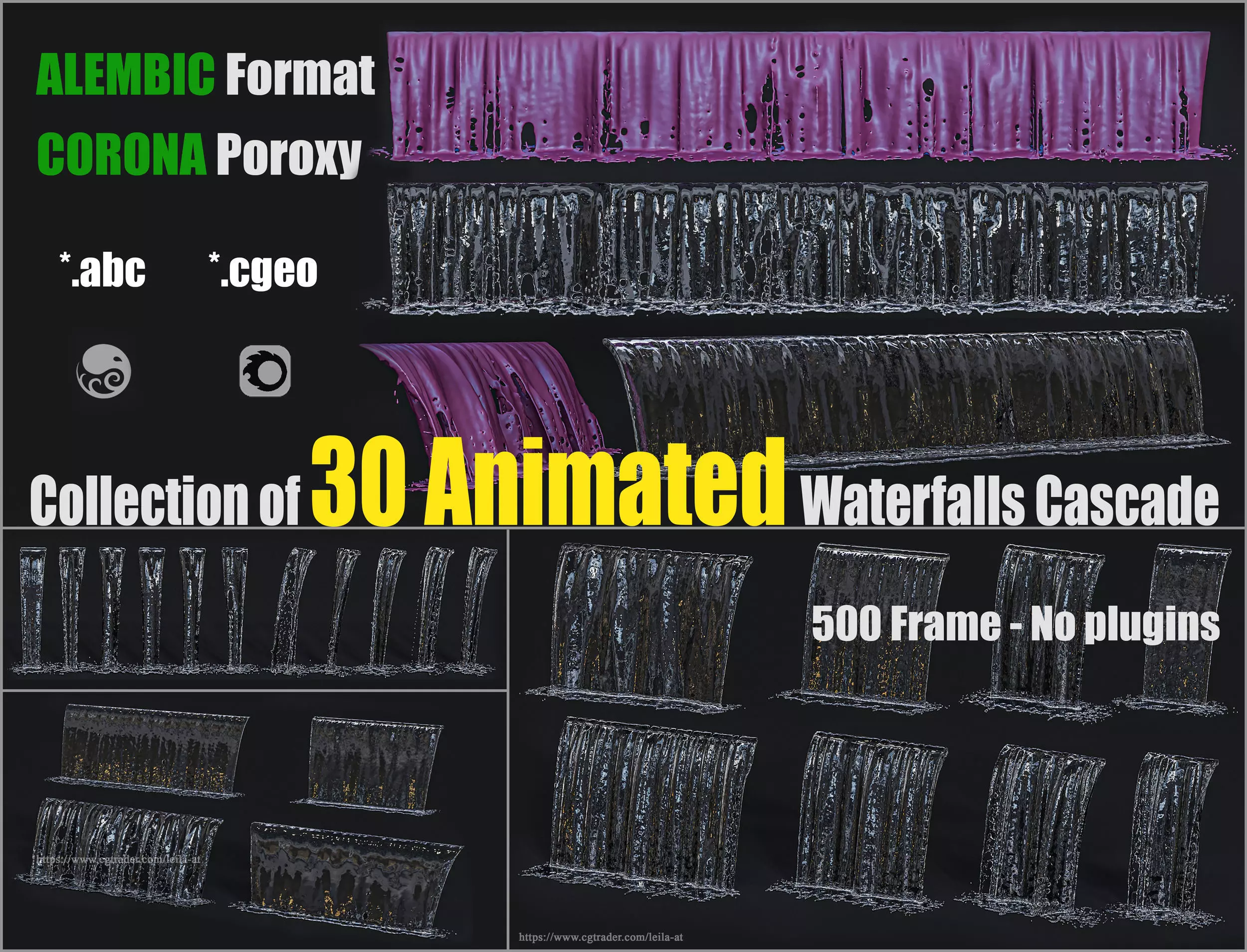 collection of animated waterfall Fountains cascade  500 Frame 3D model_0