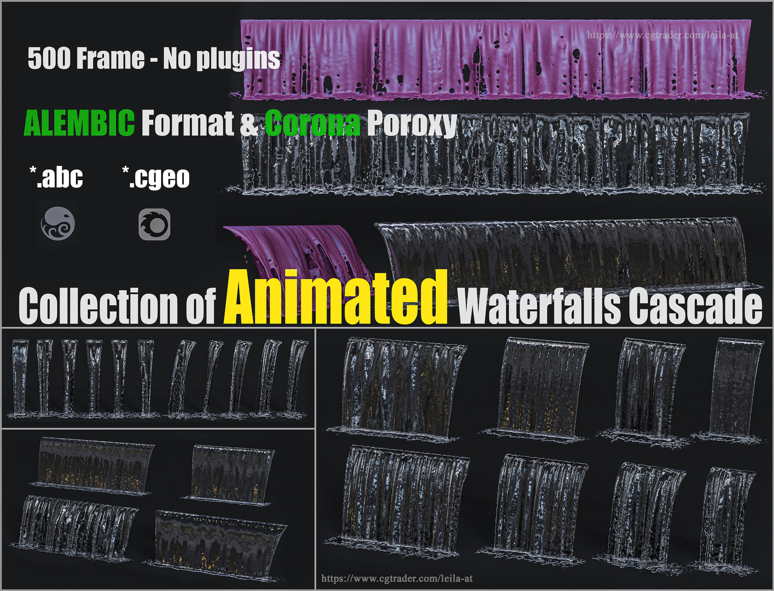 collection of animated waterfall Fountains cascade  500 Frame 3D model_16