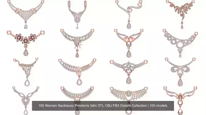 100 Women Necklaces Pendants 3dm STL OBJ FBX Details Collection 