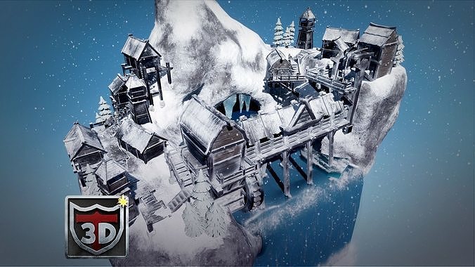 Blender 3  Unreal Engine 5  Snow Fjord Scene Game Design Low-poly 3D model