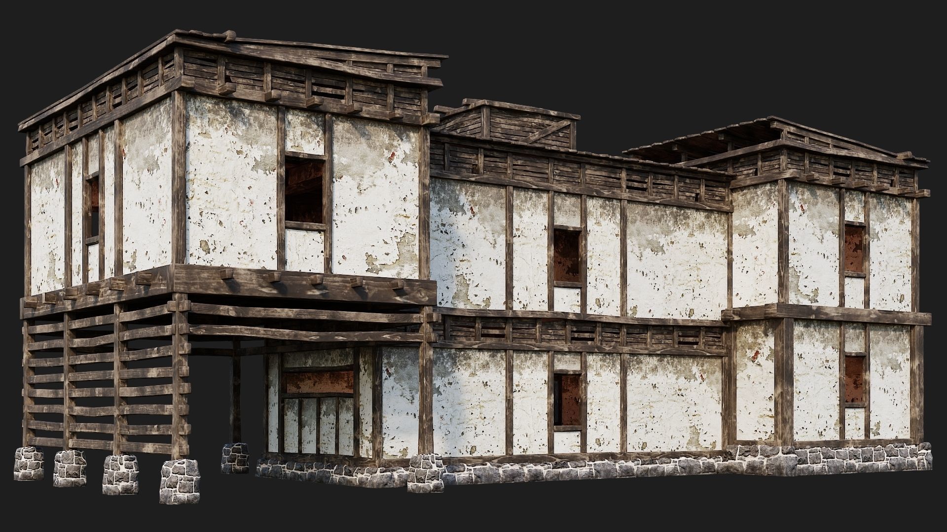 4 Old House Buildings Pack 4K Textures GameReady 161 to 164 Low-poly 3D model_45