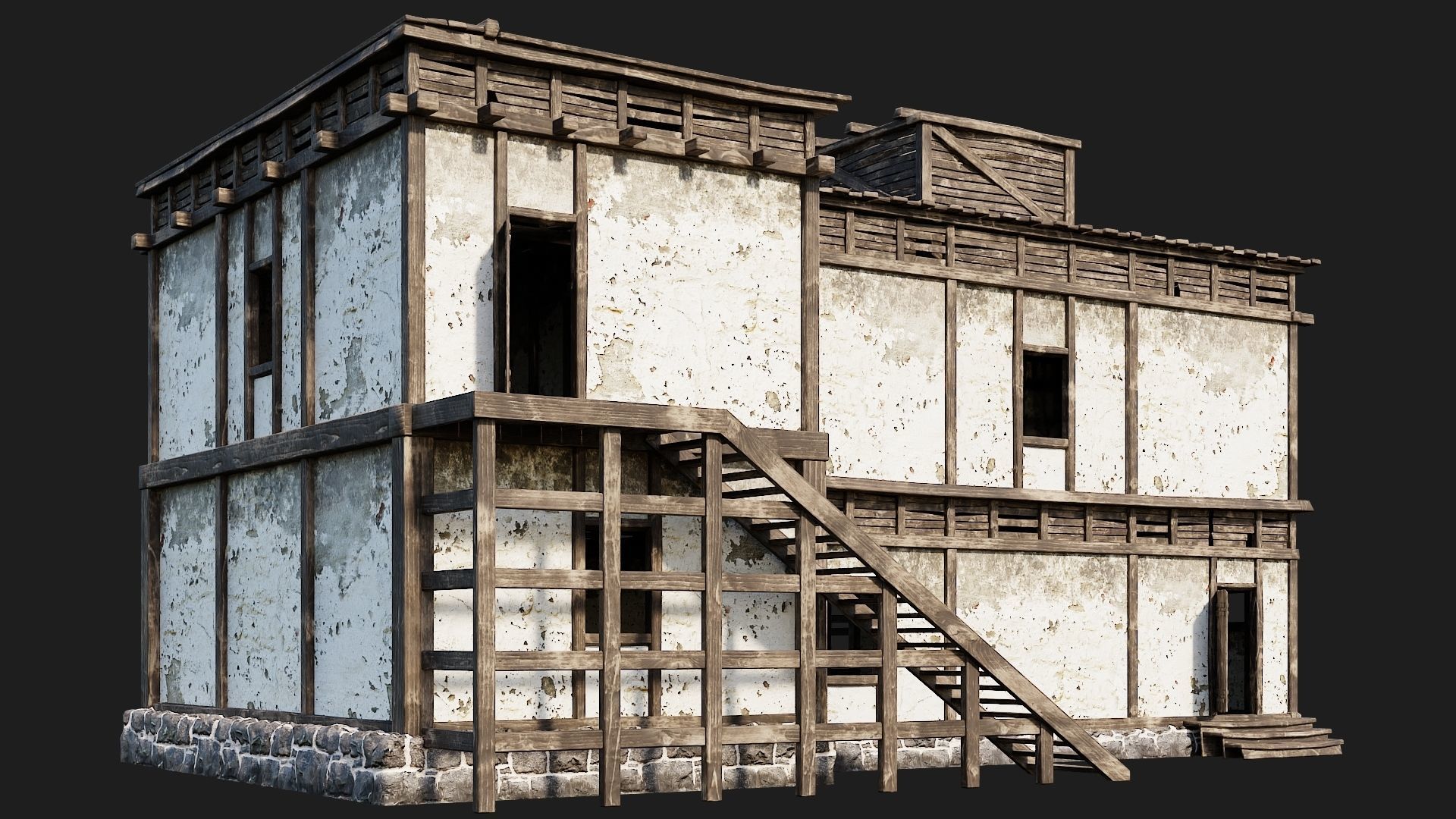 4 Old House Buildings Pack 4K Textures GameReady 161 to 164 Low-poly 3D model_14