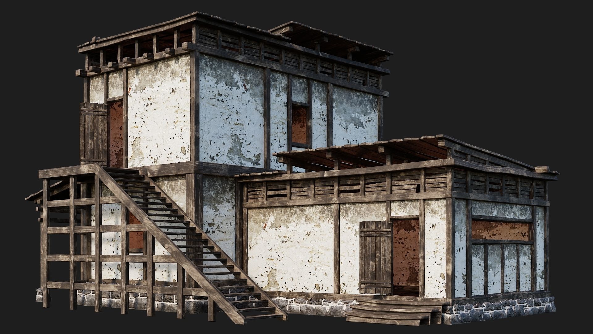 4 Old House Buildings Pack 4K Textures GameReady 161 to 164 Low-poly 3D model_7