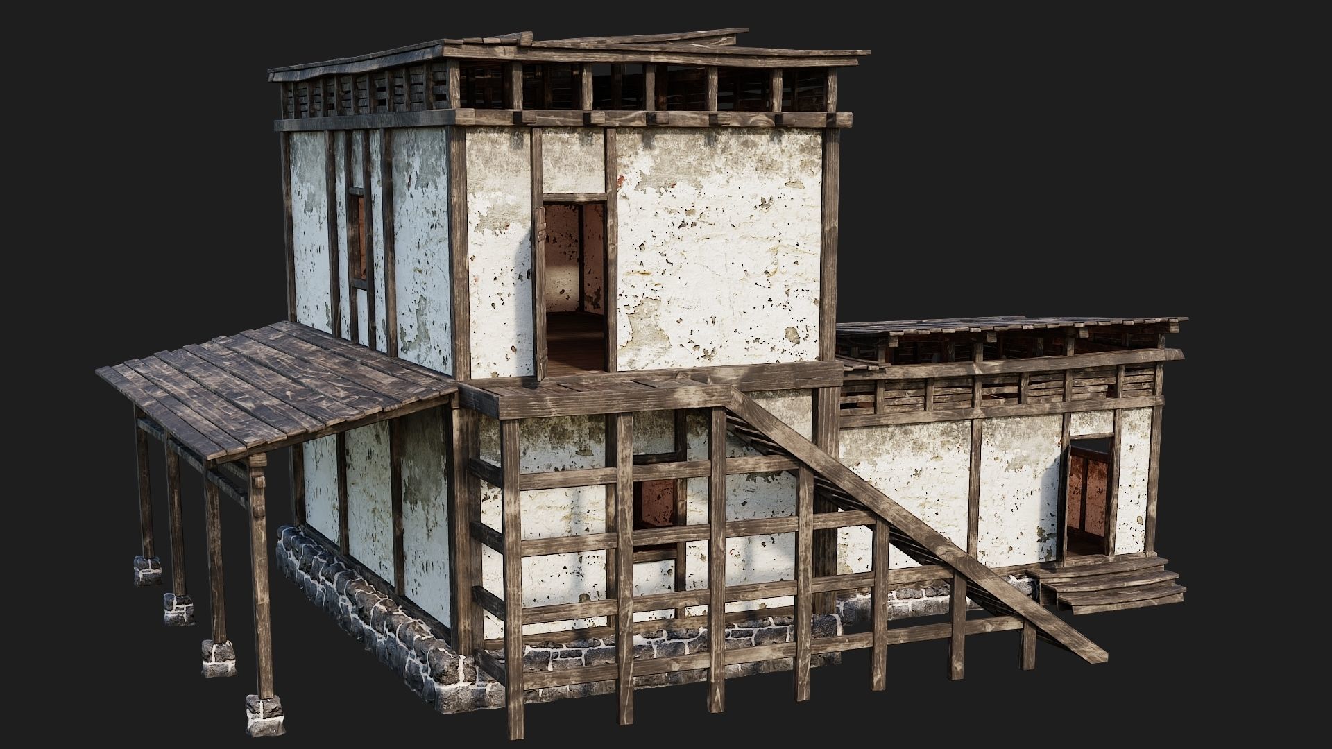4 Old House Buildings Pack 4K Textures GameReady 161 to 164 Low-poly 3D model_31