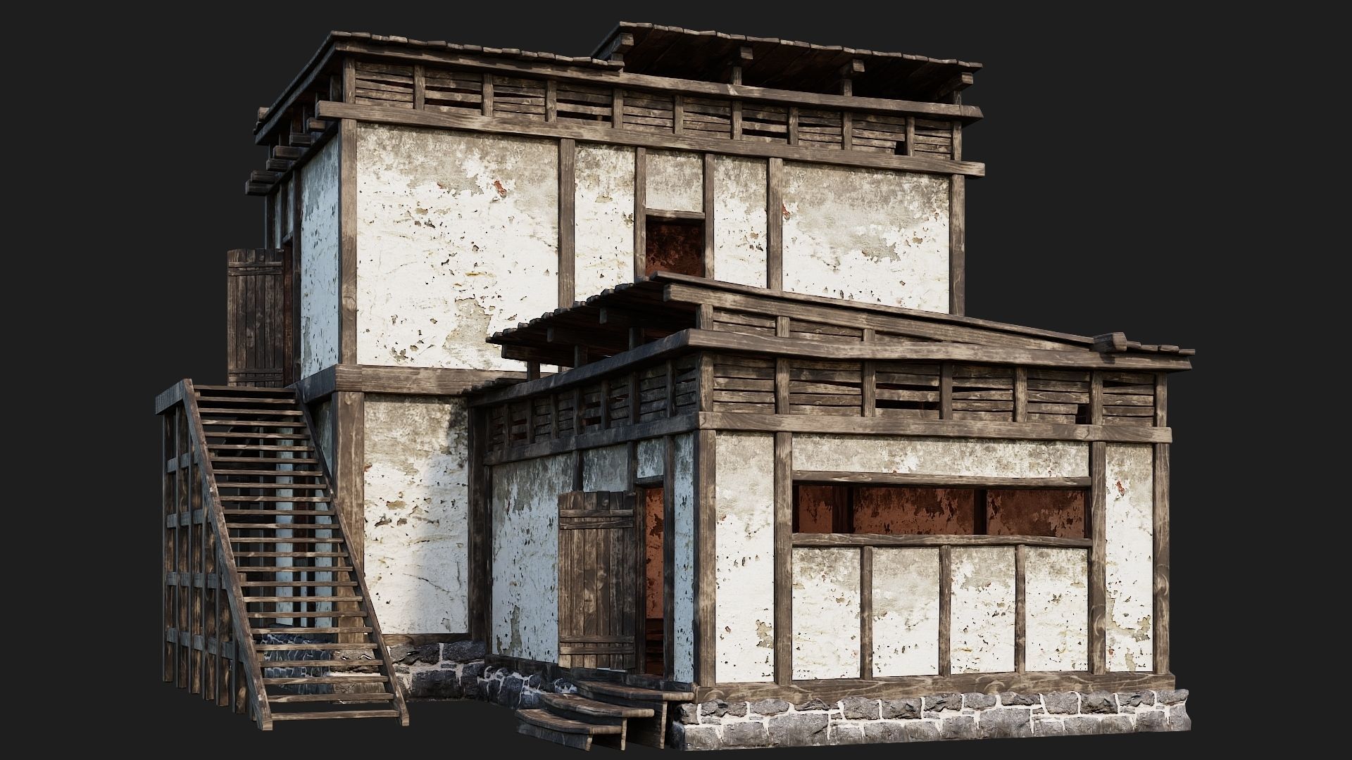 4 Old House Buildings Pack 4K Textures GameReady 161 to 164 Low-poly 3D model_38