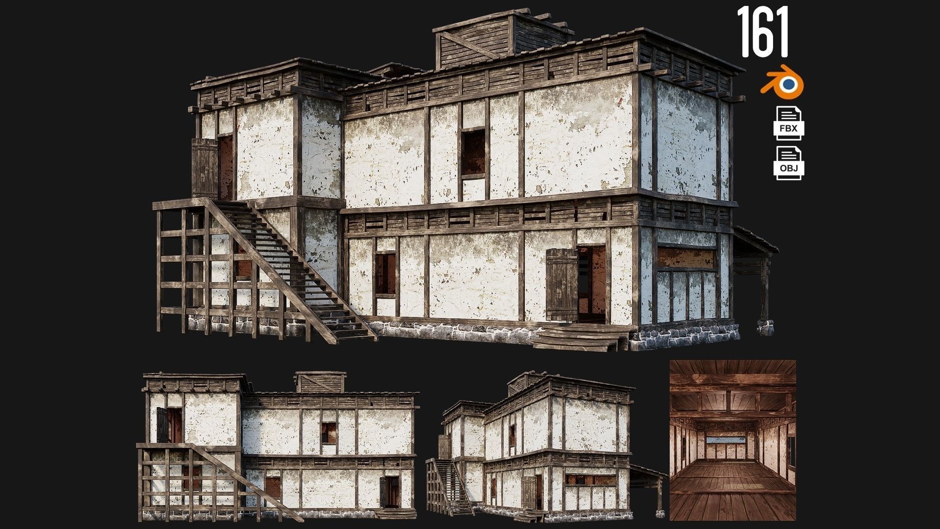 4 Old House Buildings Pack 4K Textures GameReady 161 to 164 Low-poly 3D model_1