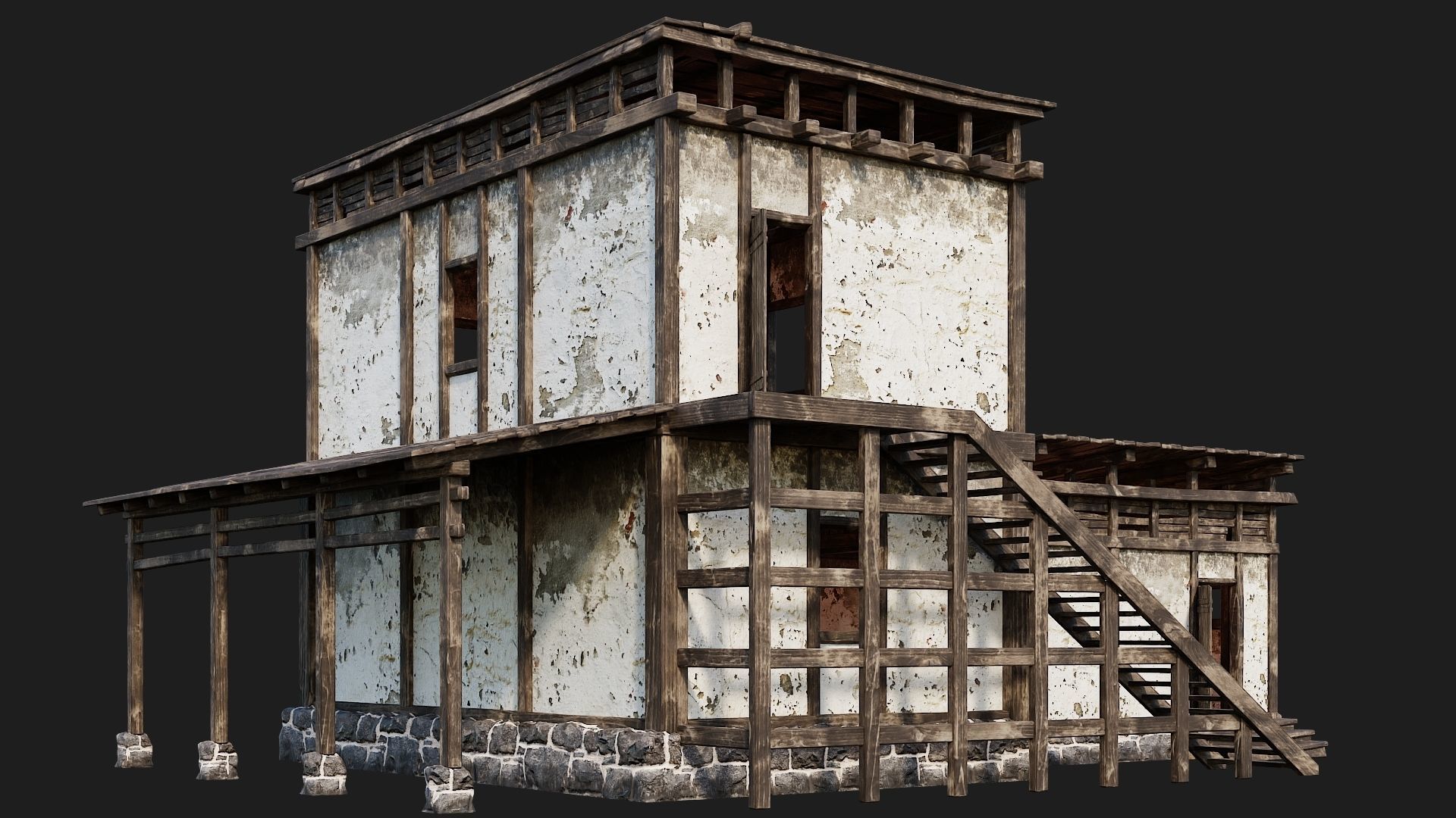 4 Old House Buildings Pack 4K Textures GameReady 161 to 164 Low-poly 3D model_36