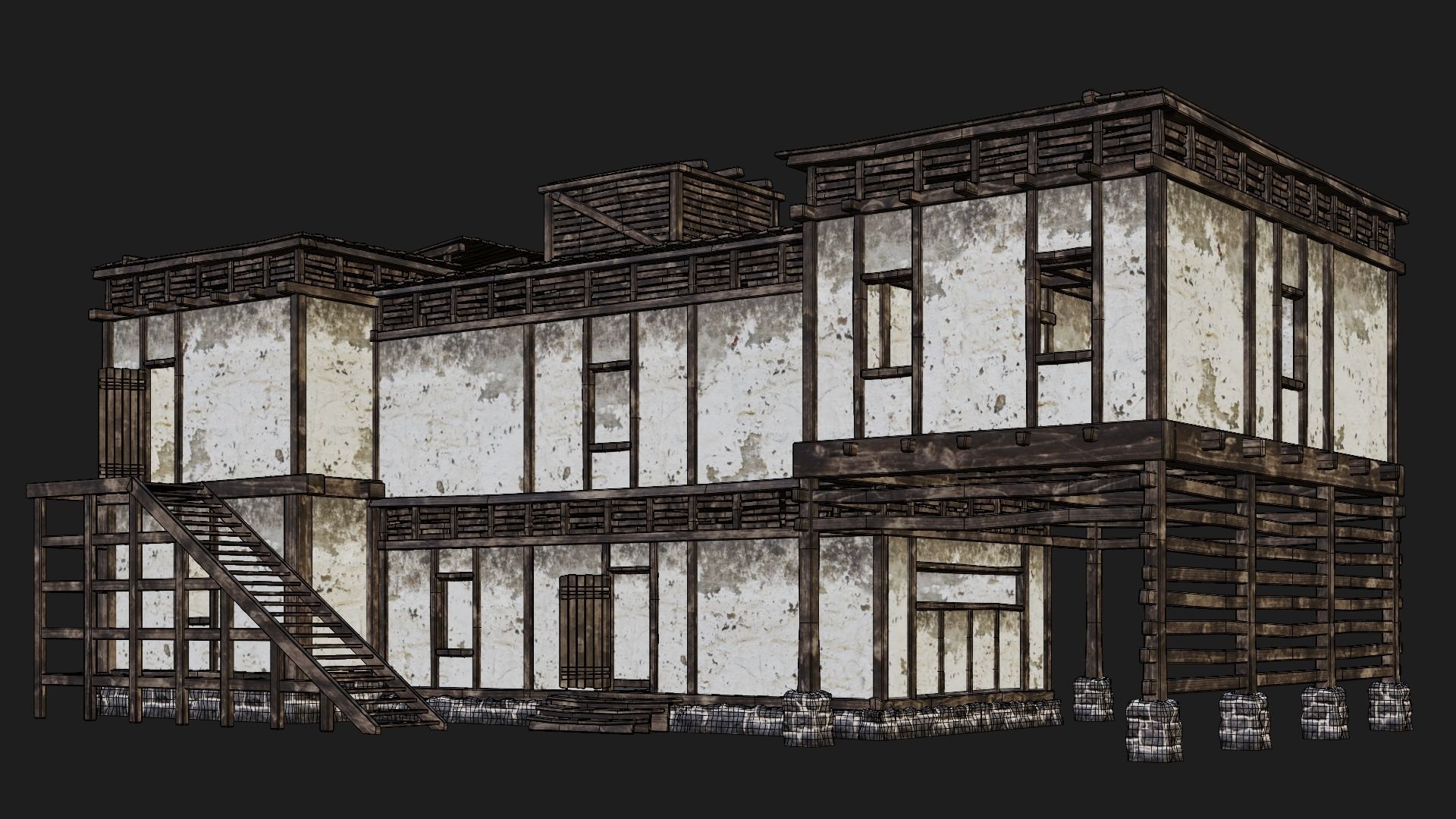 4 Old House Buildings Pack 4K Textures GameReady 161 to 164 Low-poly 3D model_44