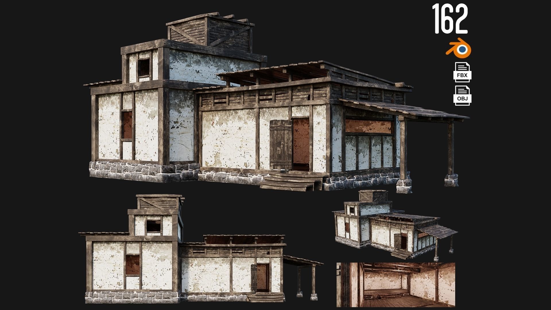 4 Old House Buildings Pack 4K Textures GameReady 161 to 164 Low-poly 3D model_2