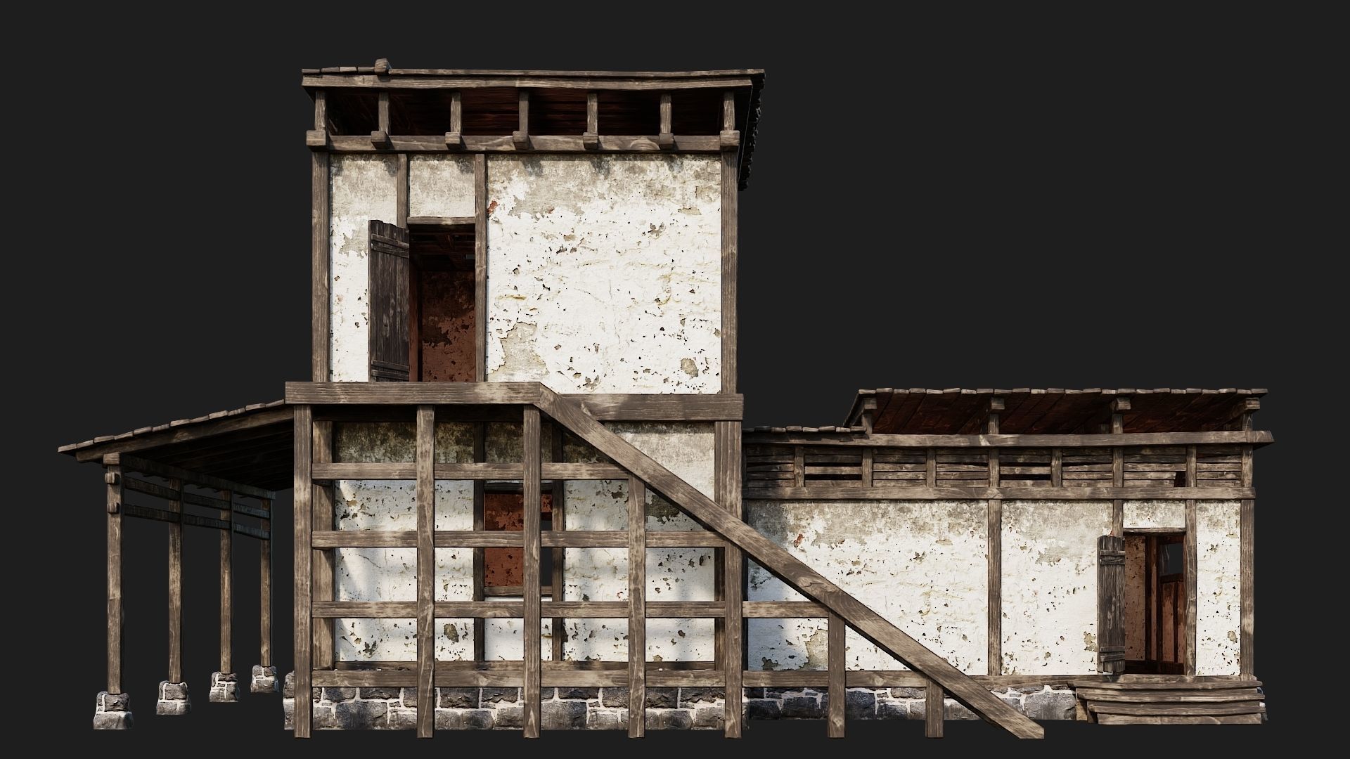 4 Old House Buildings Pack 4K Textures GameReady 161 to 164 Low-poly 3D model_37