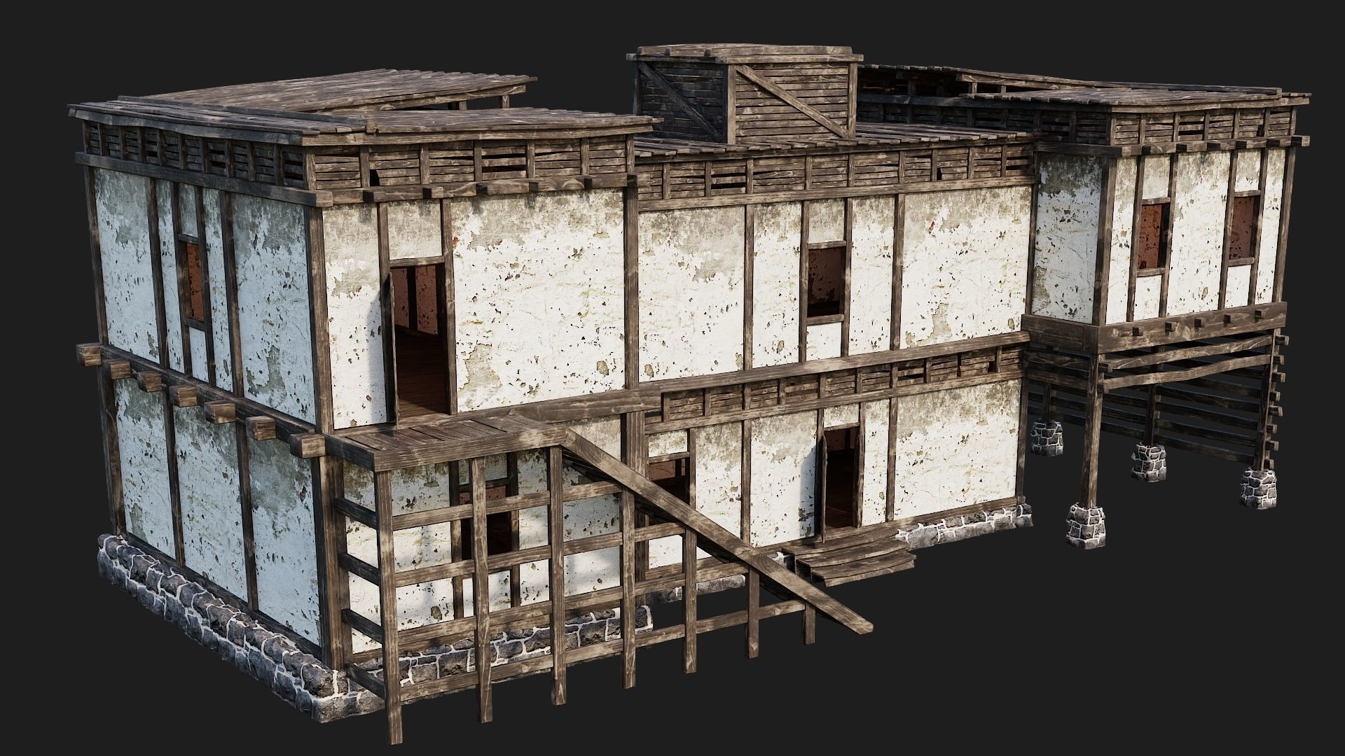 4 Old House Buildings Pack 4K Textures GameReady 161 to 164 Low-poly 3D model_42