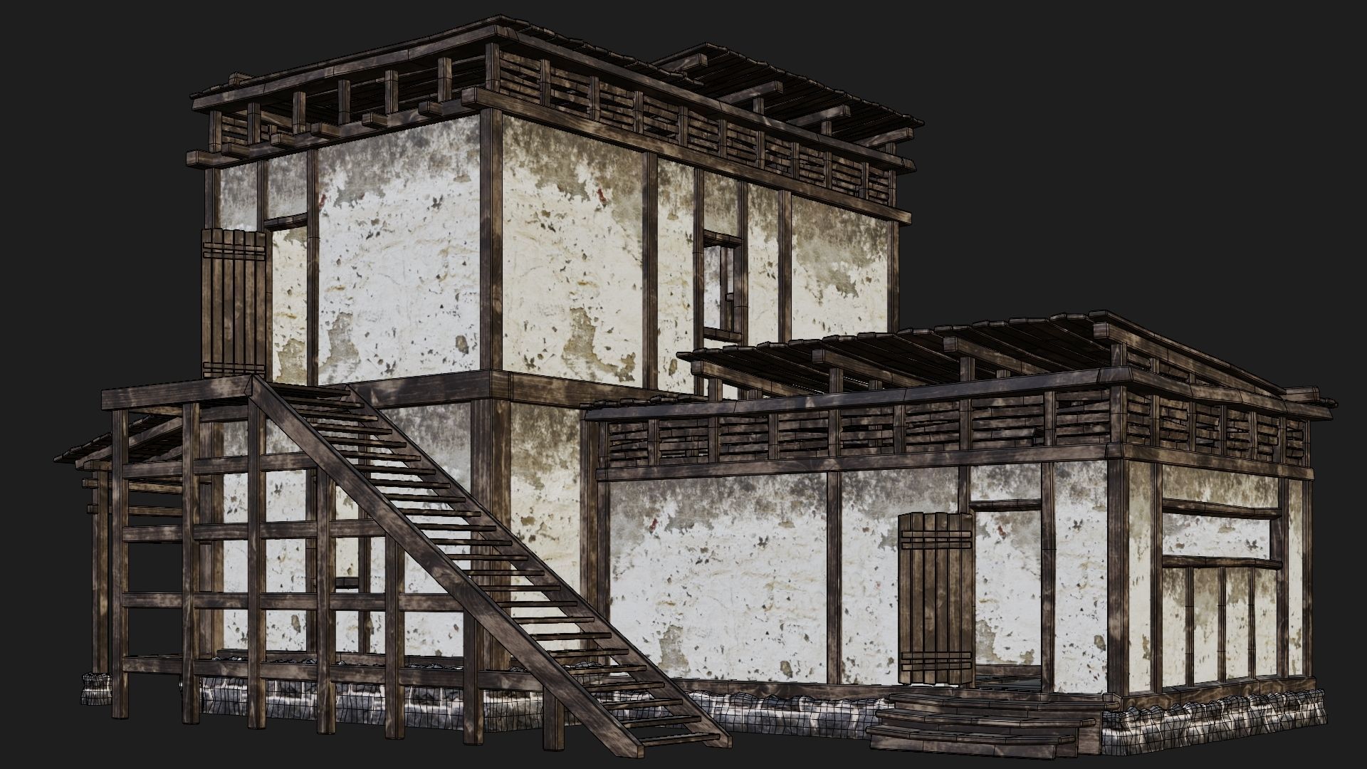 4 Old House Buildings Pack 4K Textures GameReady 161 to 164 Low-poly 3D model_33