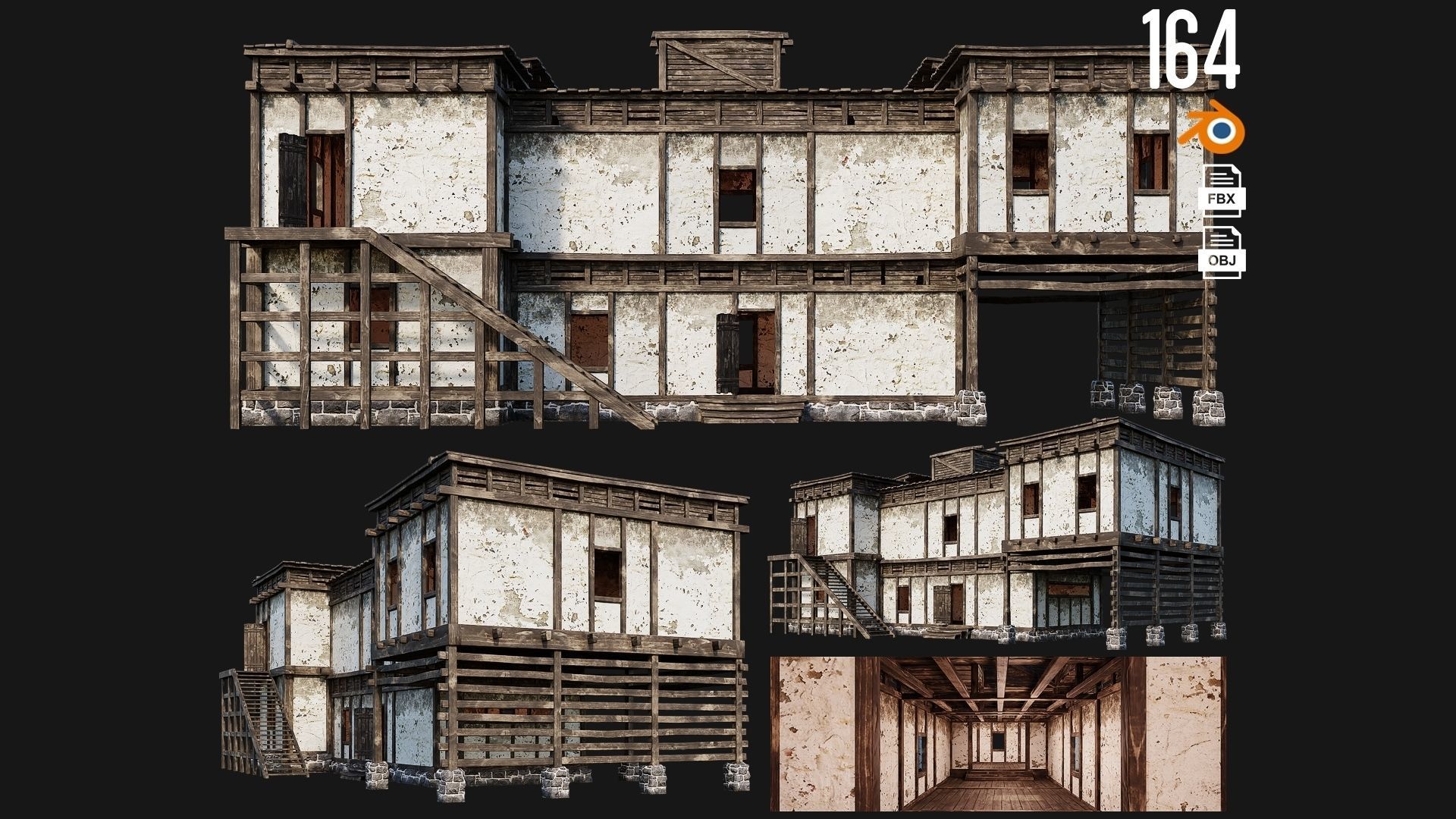 4 Old House Buildings Pack 4K Textures GameReady 161 to 164 Low-poly 3D model_4