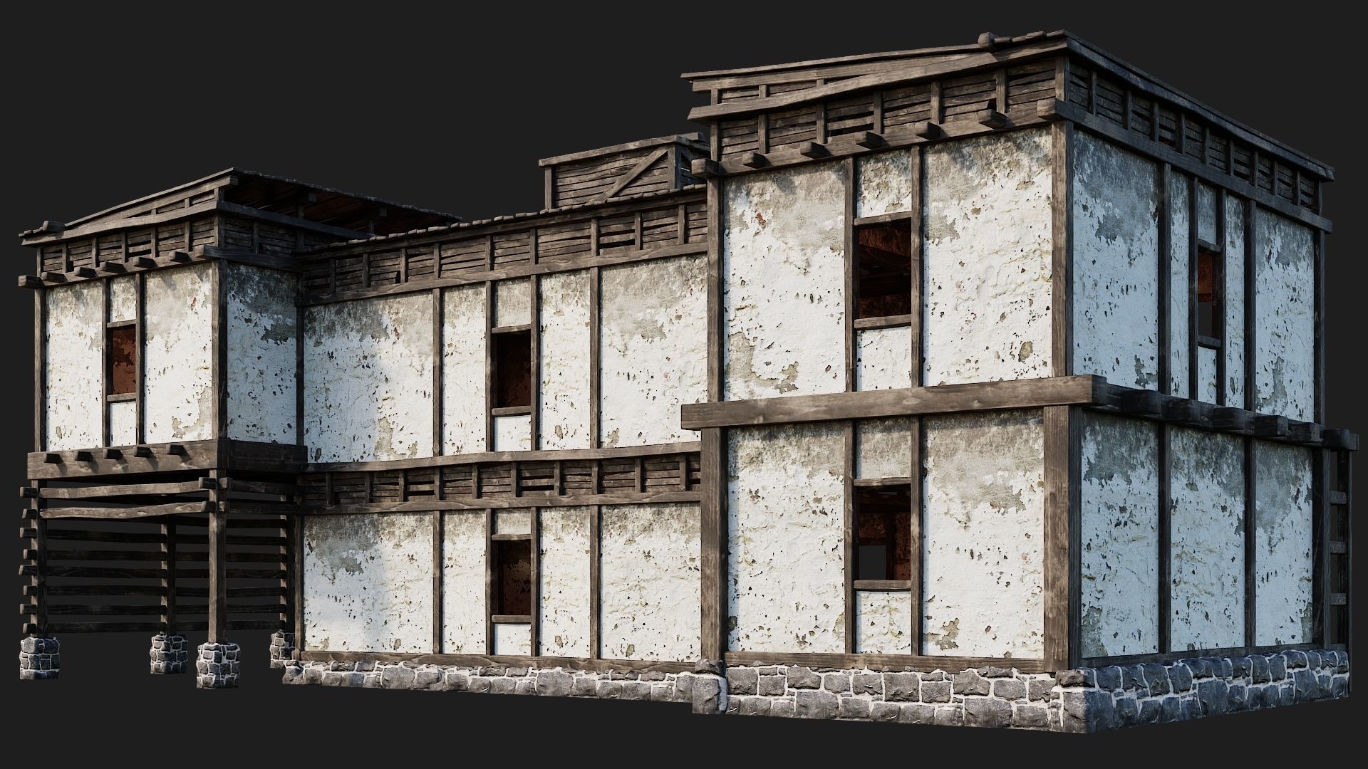 4 Old House Buildings Pack 4K Textures GameReady 161 to 164 Low-poly 3D model_46