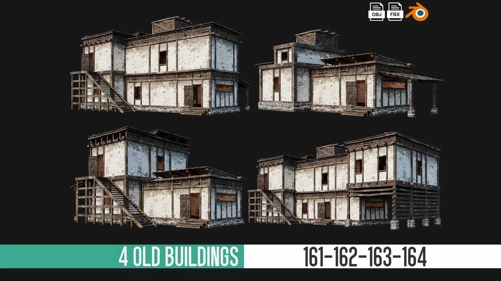 4 Old House Buildings Pack 4K Textures GameReady 161 to 164 Low-poly 3D model_0