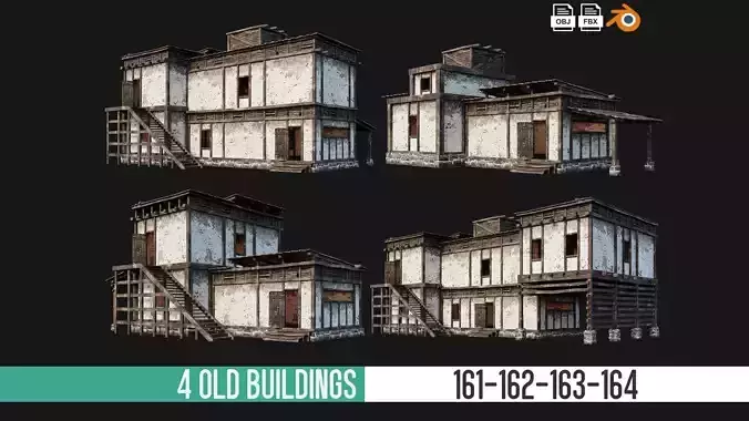 4 Old House Buildings Pack 4K Textures GameReady 161 to 164 Low-poly 3D model