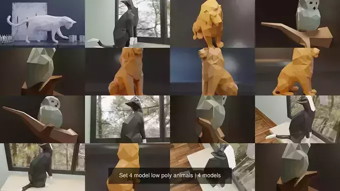Set 4 model low poly animals lion 3D Model Collection