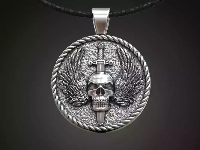 Pendant skull wings sword