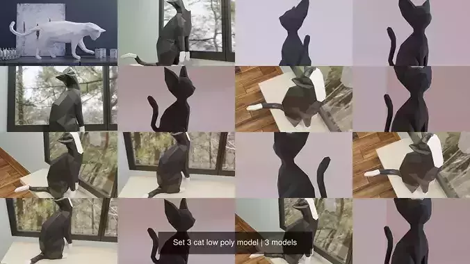 Set 3 cat low poly model sculpture 3D Model Collection