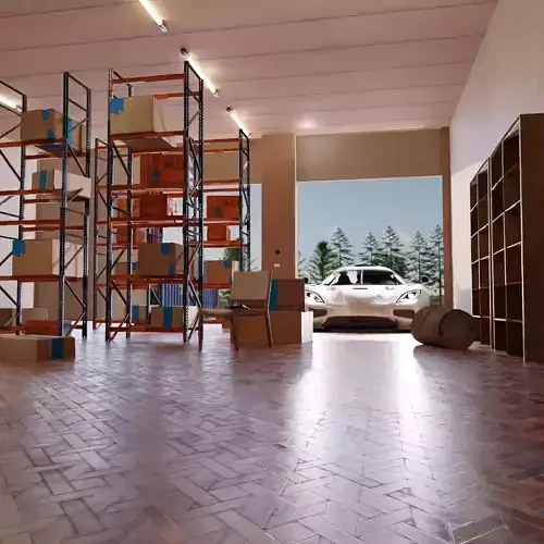 Warehouse full of boxes and Koenigsegg rigged car 3D model