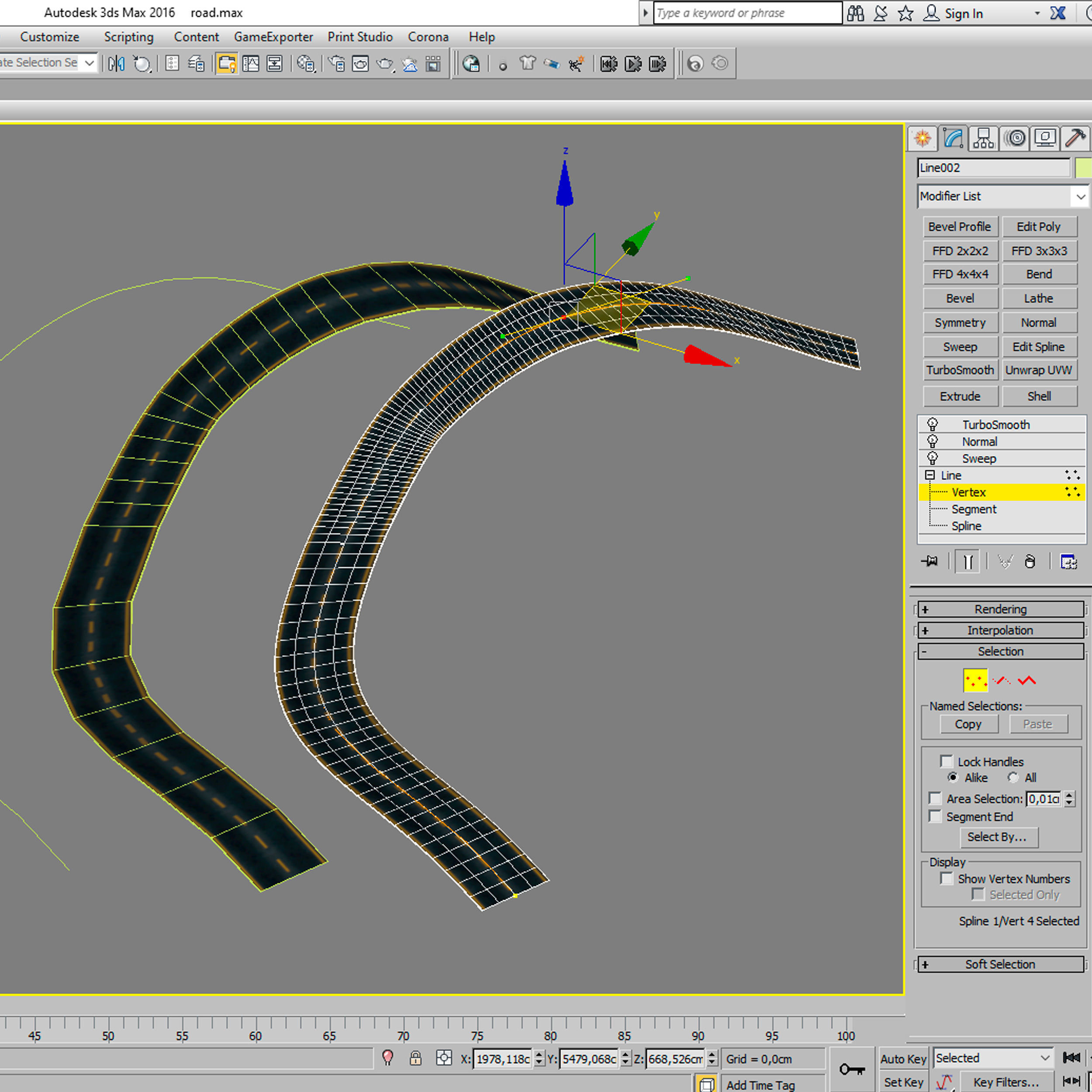 Editable winding asphalt two lane road with markings 04 3D model_9