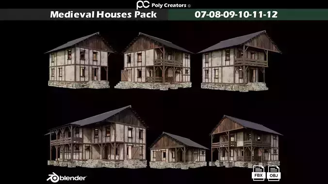 Medieval Houses Pack 07-08-09-10-11-12 - 4K Textures Game Ready Low-poly 3D model