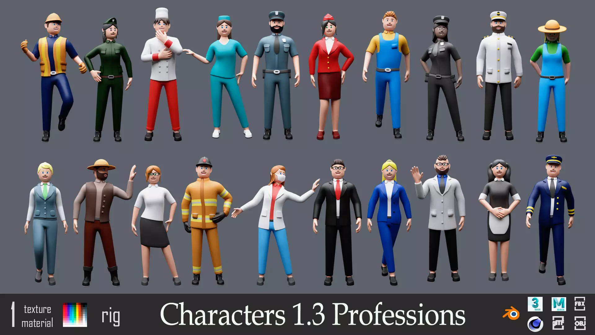 Cartoon characters 1 03 professions Low-poly 3D model_0