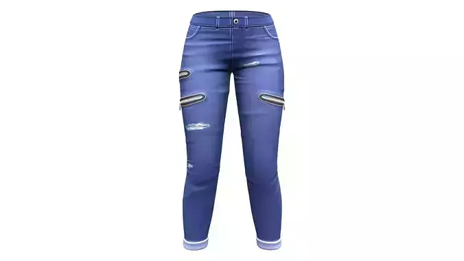 Zip Pockets Rolled Legs Denim Pants Low-poly 3D model