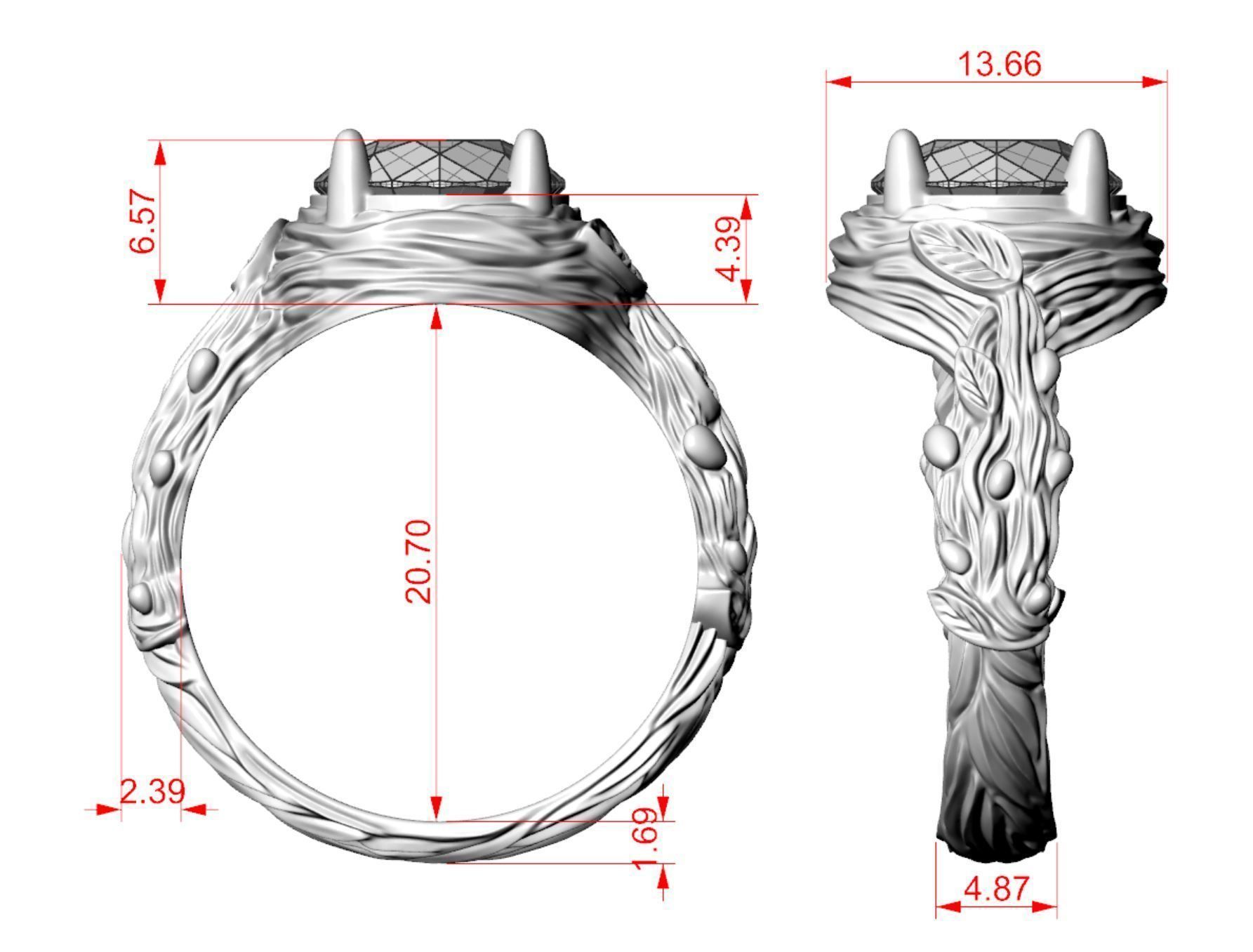 Tree Branch Engagement Ring Gem 10 mm 3D print model_11