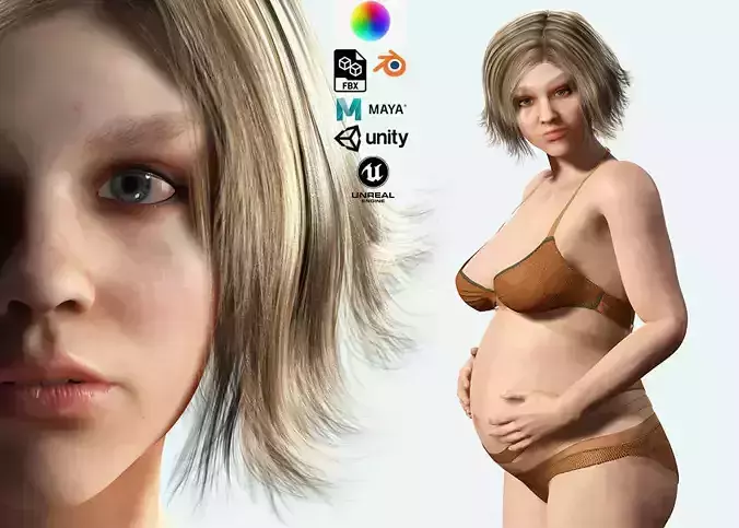 pregnant woman naked and clothed Low-poly 3D model