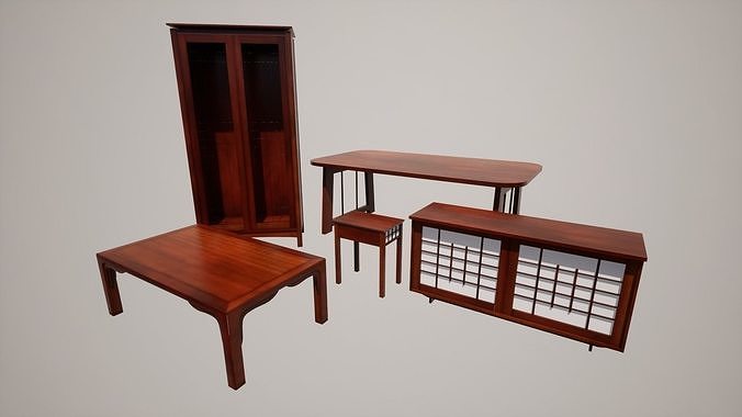 Japanese furniture set Low-poly 3D model