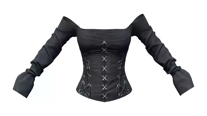 Long Sleeves Off Shoulder Laces Up Dystopian Black Corset Top Low-poly 3D model