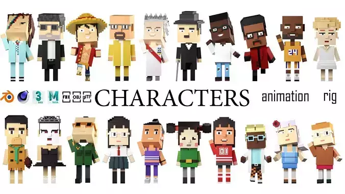 Low poly characters 3 in voxel style  Low-poly 3D model