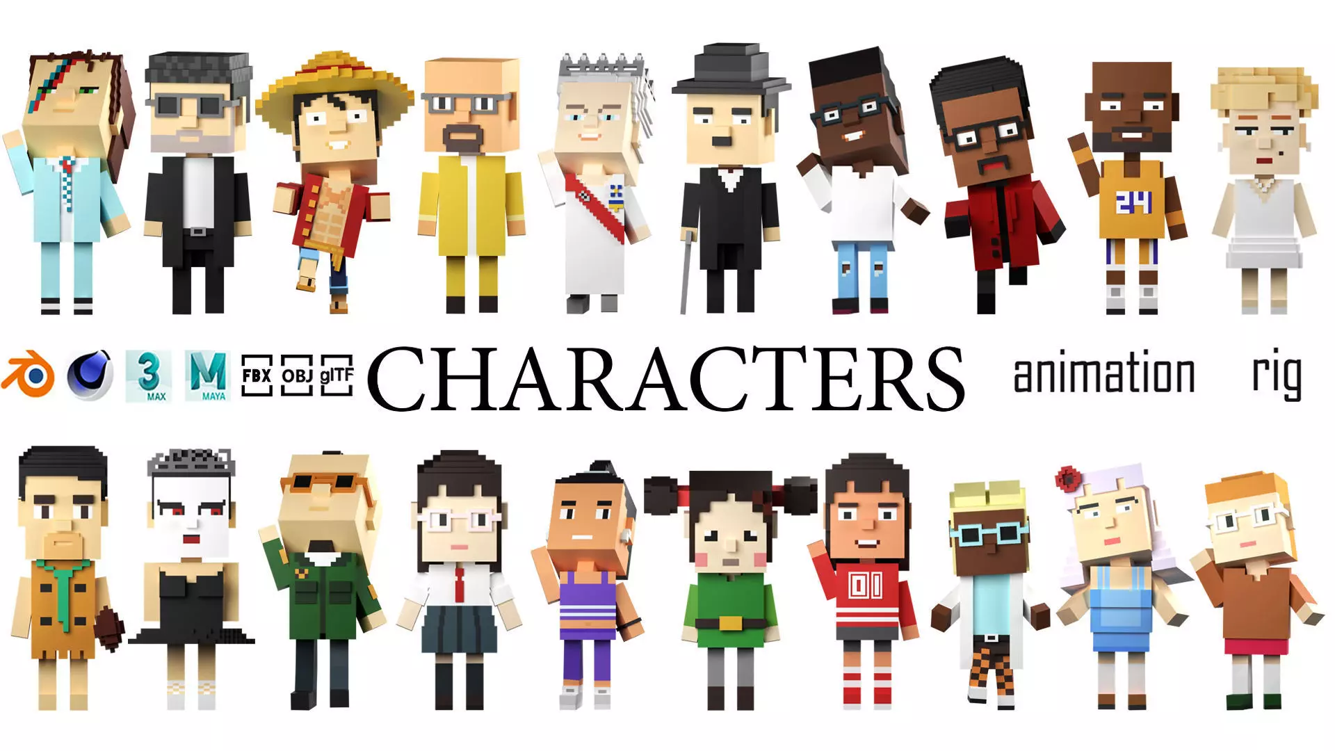 Low poly characters 3 in voxel style  Low-poly 3D model_0