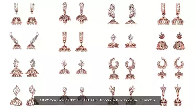 50 Women Earrings 3dm STL OBJ FBX Renders Details Collection 
