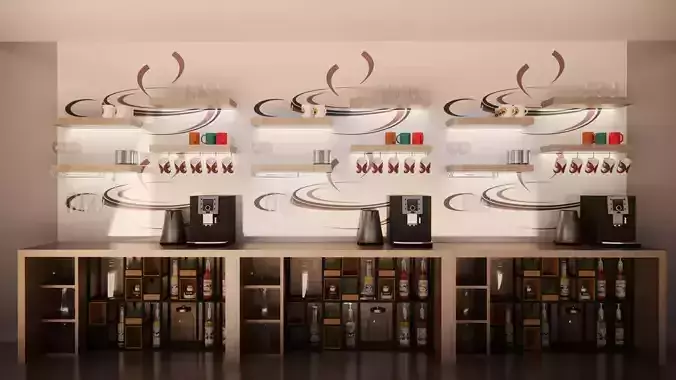 Coffee bar 3D model with furniture and utilities