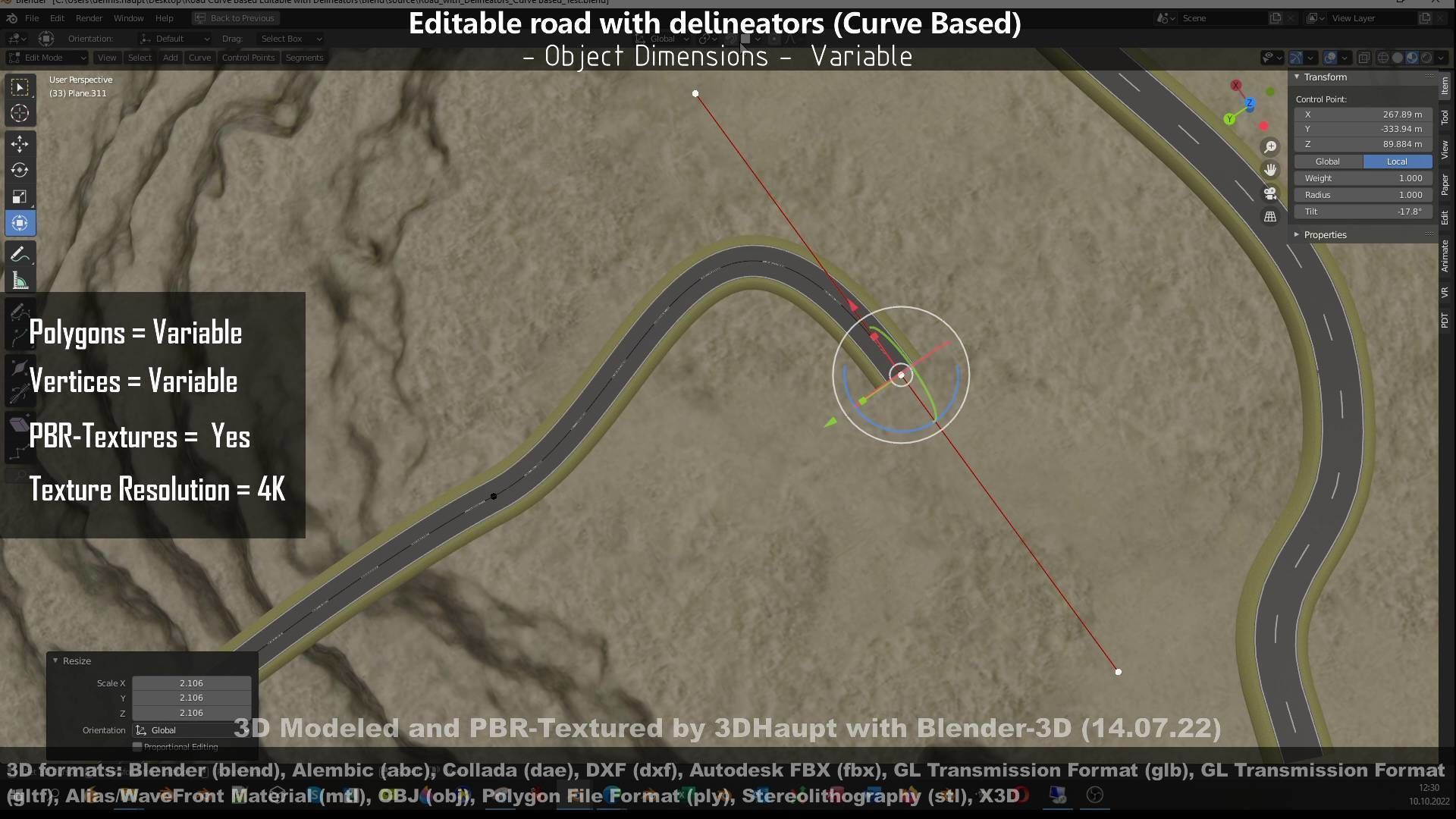 Editable Road with Delineators - Curve Based Low-poly 3D model_40
