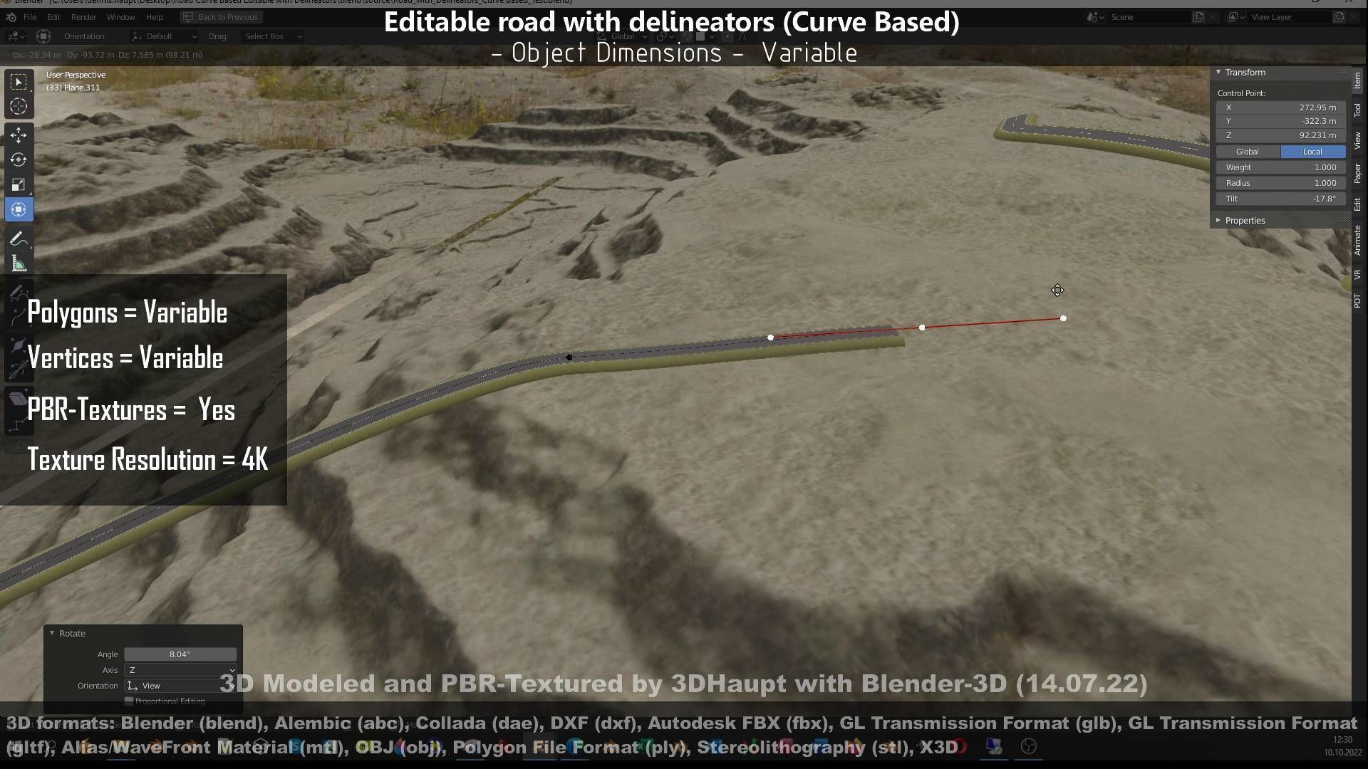 Editable Road with Delineators - Curve Based Low-poly 3D model_92