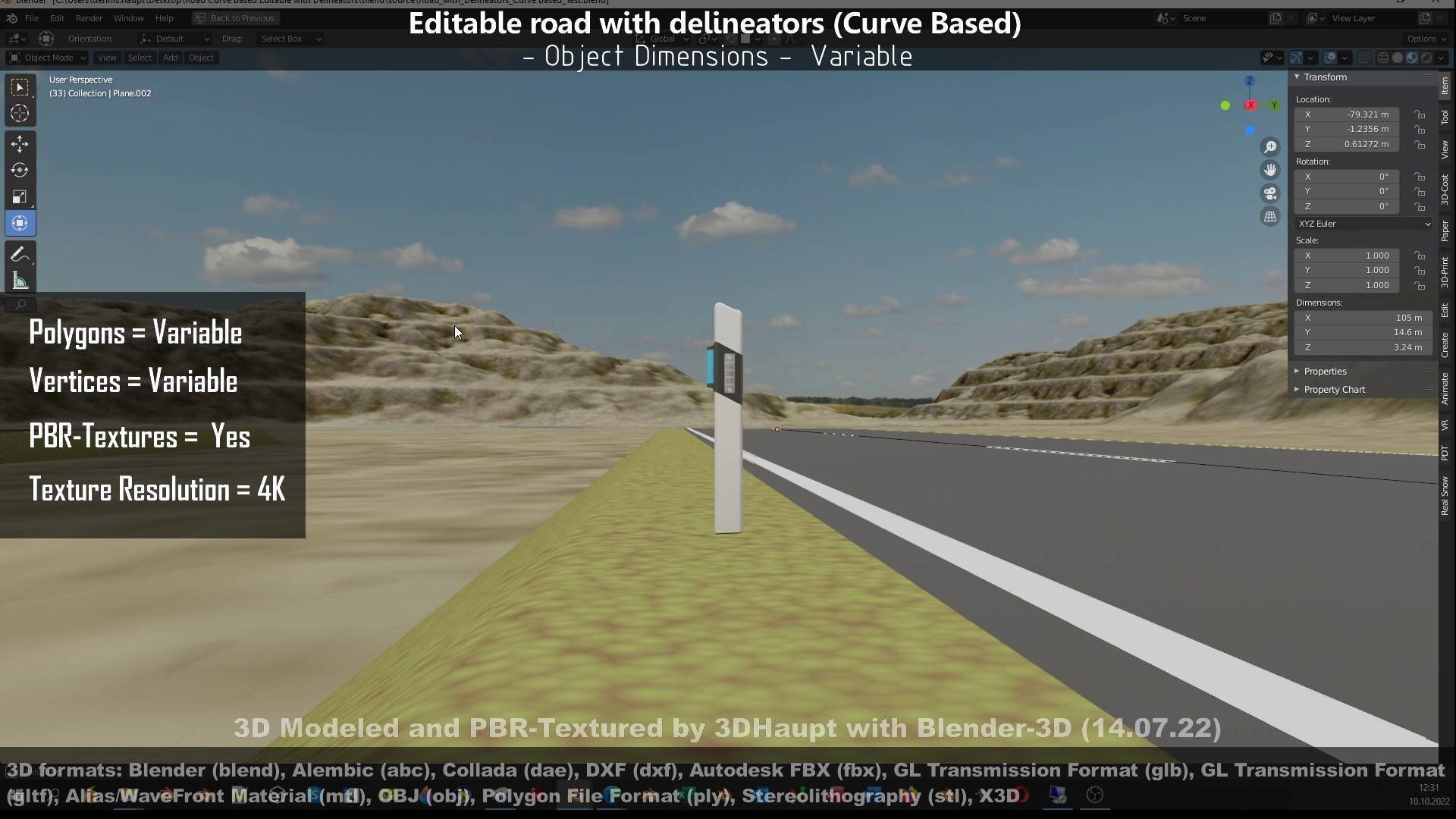 Editable Road with Delineators - Curve Based Low-poly 3D model_7
