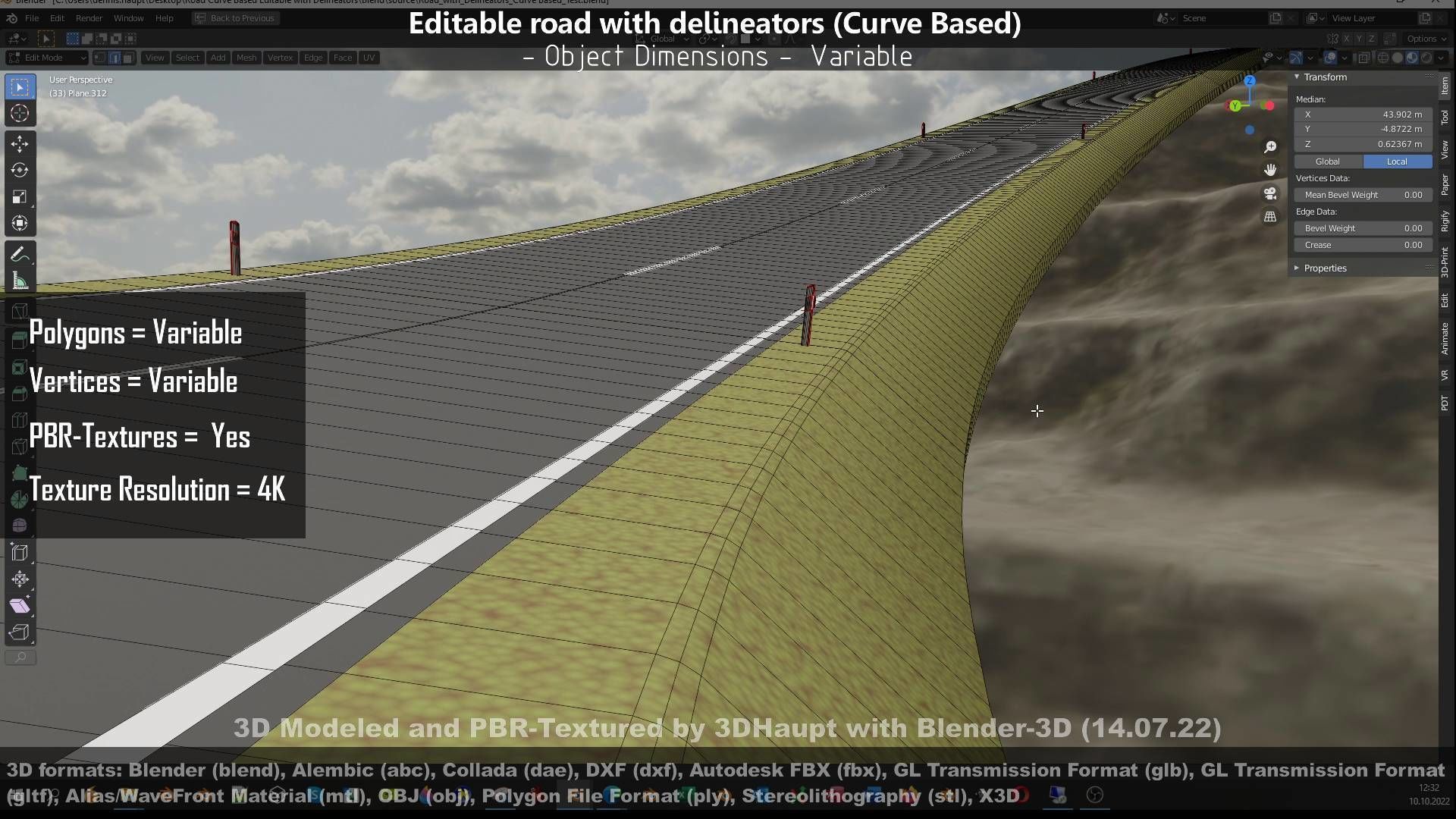 Editable Road with Delineators - Curve Based Low-poly 3D model_149