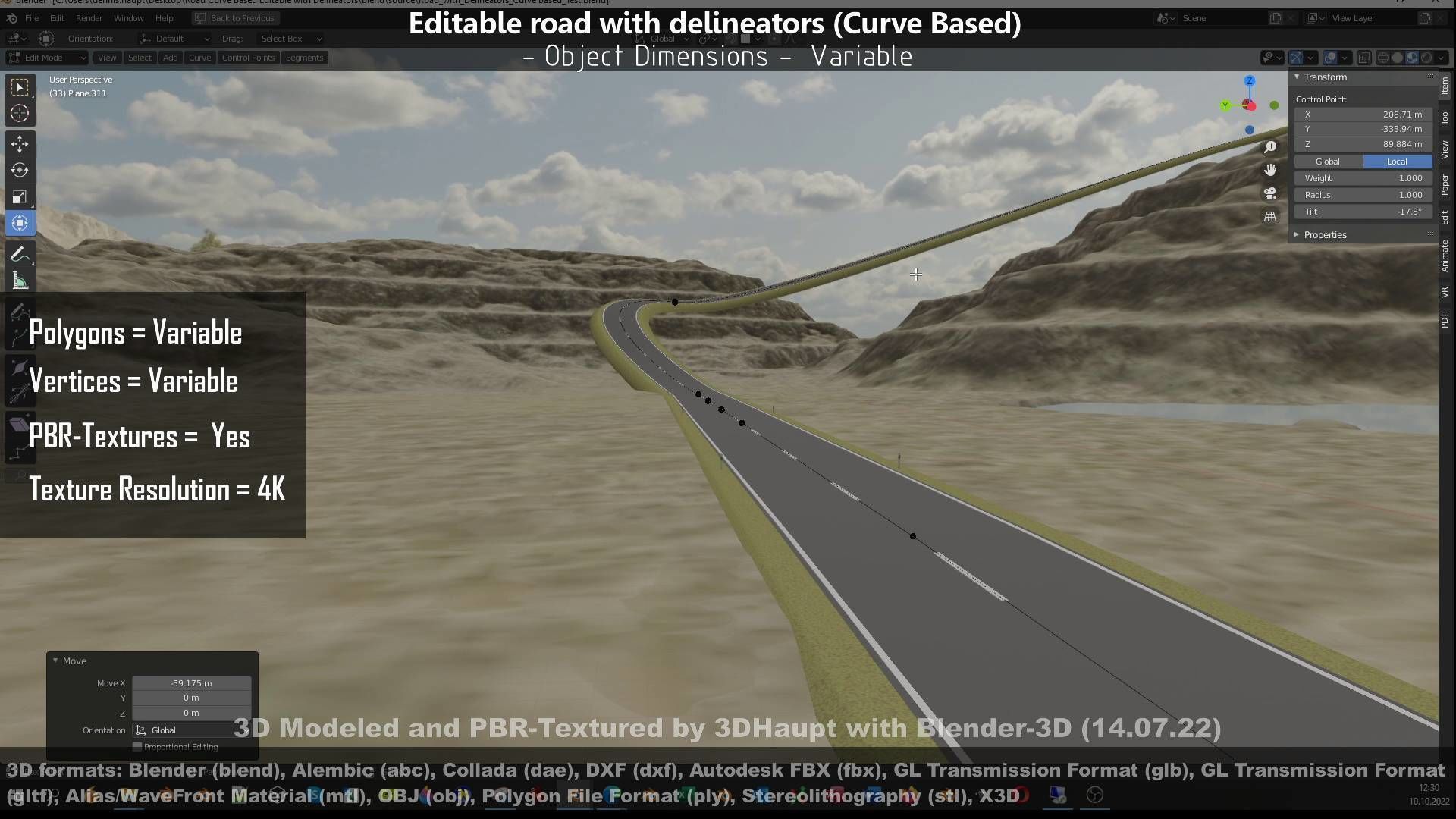Editable Road with Delineators - Curve Based Low-poly 3D model_130