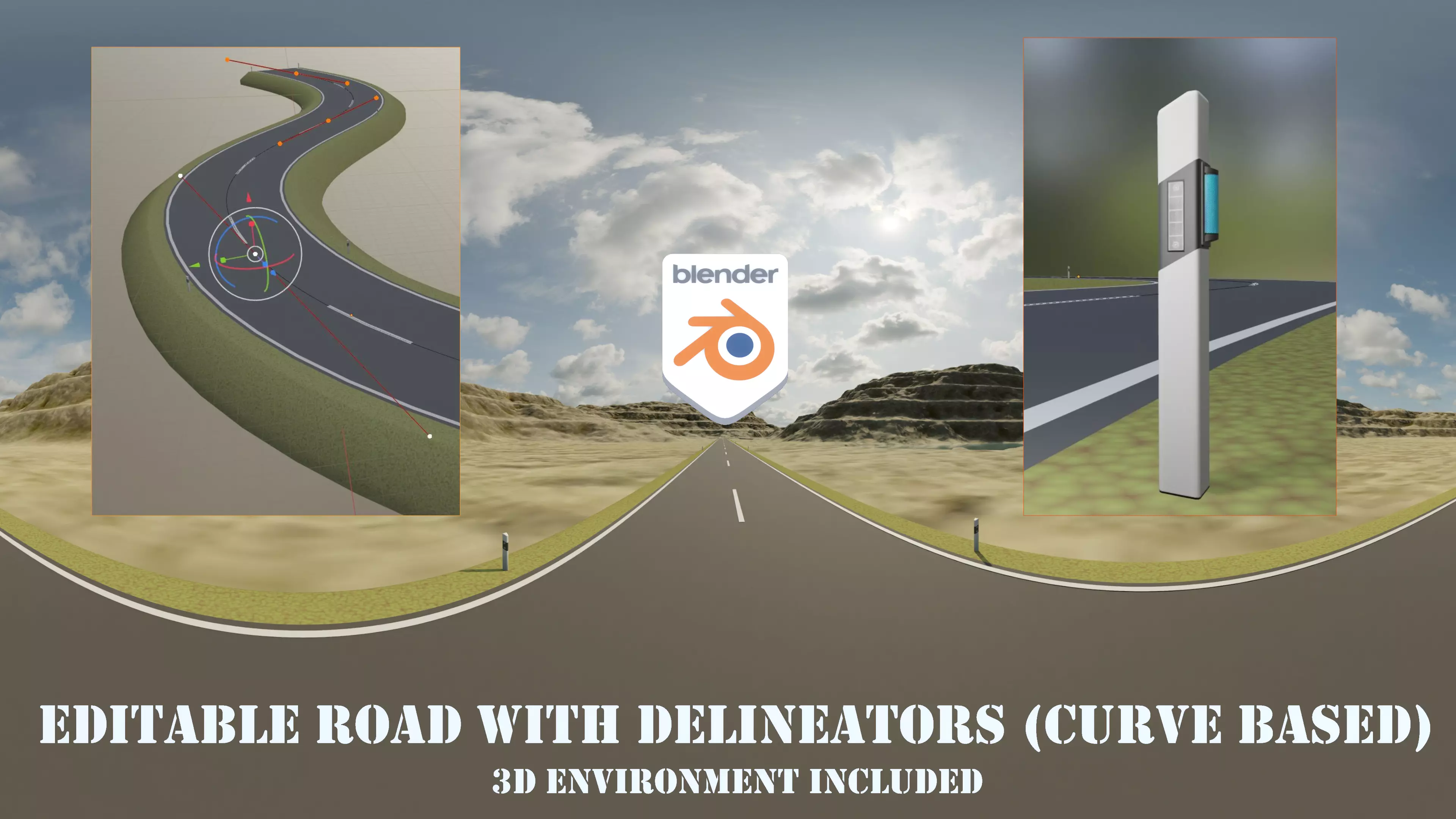 Editable Road with Delineators - Curve Based Low-poly 3D model_0