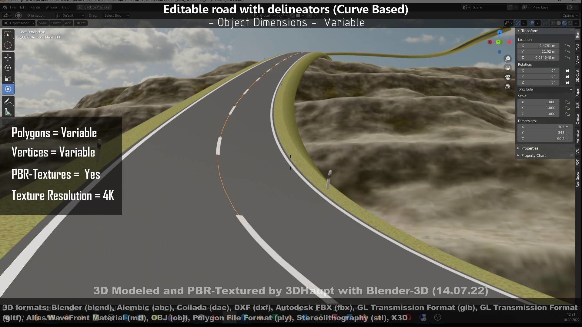 Editable Road with Delineators - Curve Based Low-poly 3D model_6