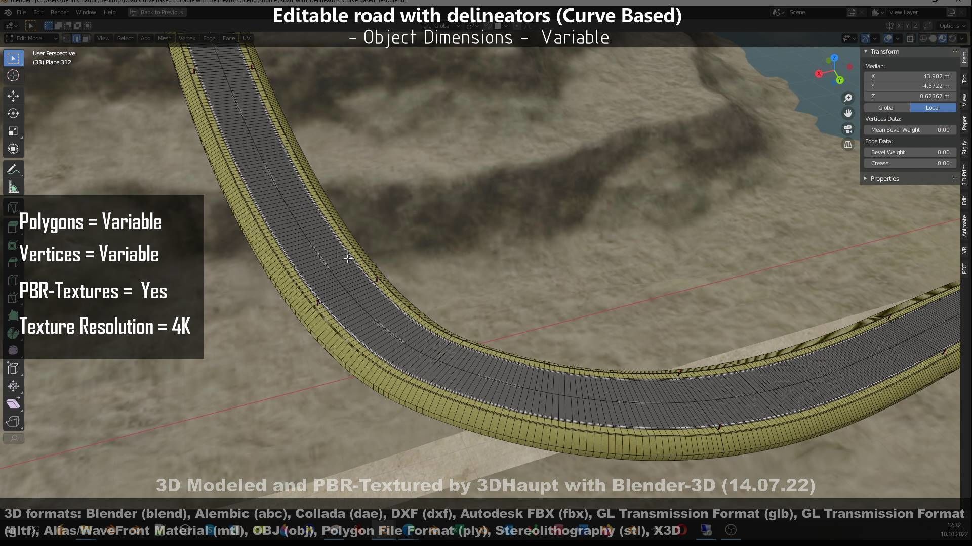 Editable Road with Delineators - Curve Based Low-poly 3D model_120